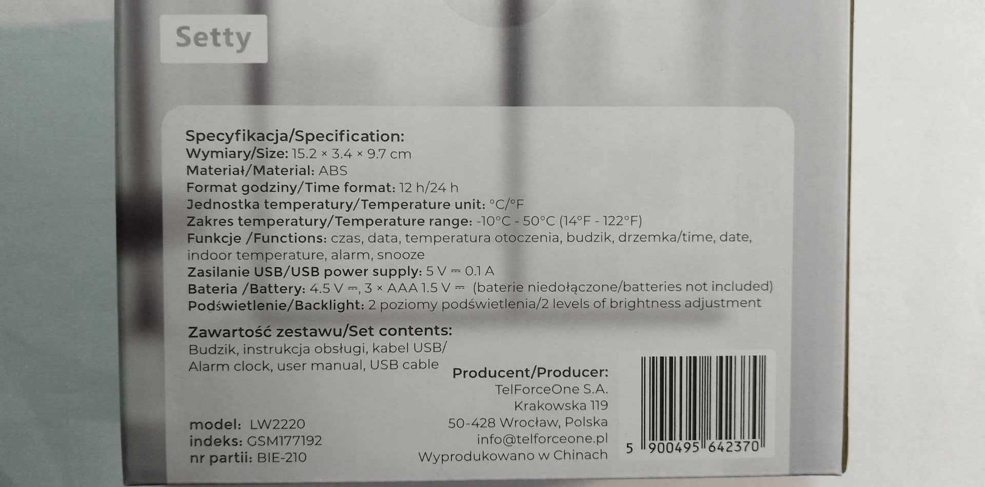 Setty Cyfrowy budzik LED Zegar, Termometr, Kalendarz Biały LW2220