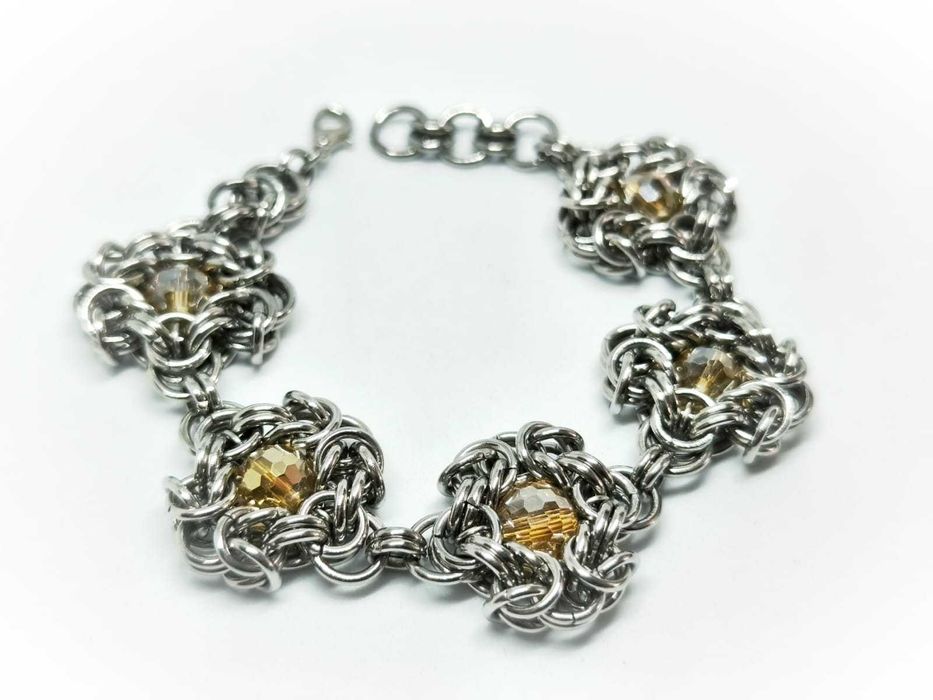 Ręcznie robiona bransoletka chainmaille stal chirurgiczna szkło