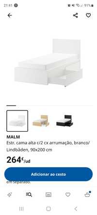 Estrutura de cama MALM c/ 2 caixas de arrumação + colchão + estrado -