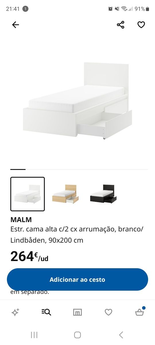 Estrutura de cama MALM c/ 2 caixas de arrumação + colchão + estrado -