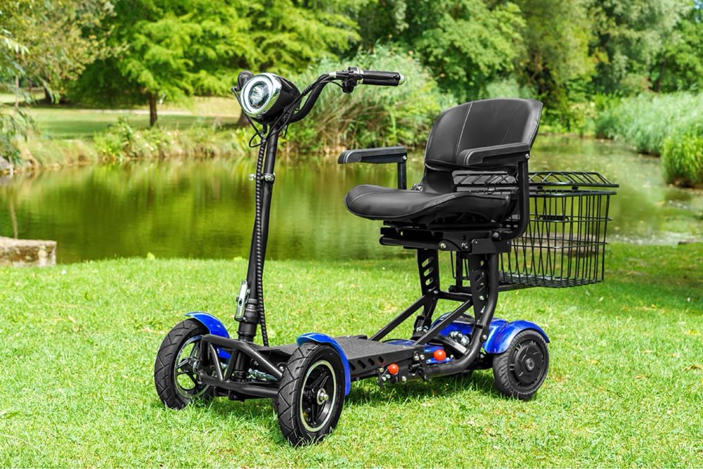 Skuter elektryczny cztery 4 kola senior skladany nowy niebiesku transp