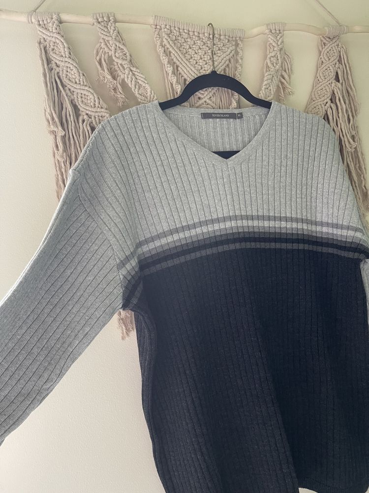 Męski szary sweter wełniany wełna merino xl river island