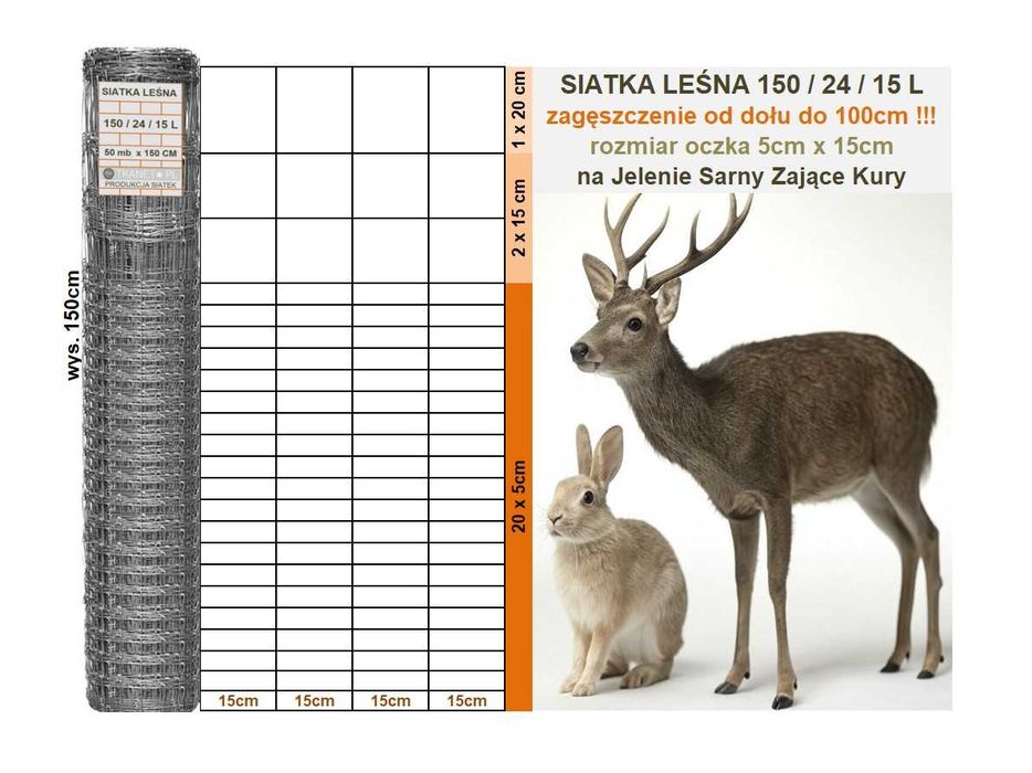 Siatka Leśna 150/24/15 L jelenie sarny zające kury 50mb Dostawa GRATIS