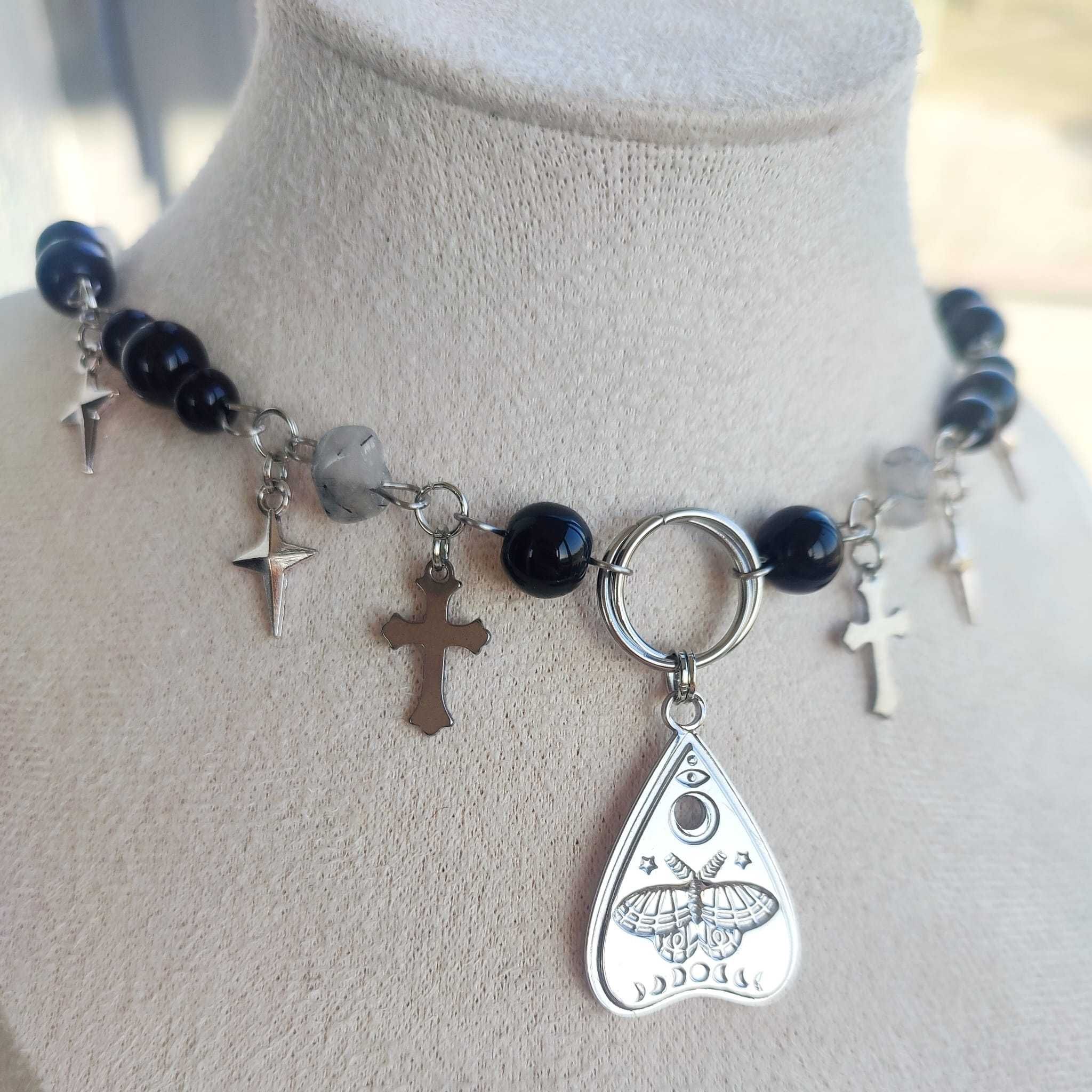 Choker magiczny stal chirurgiczna 304, szkło kamień naturalny, tarot