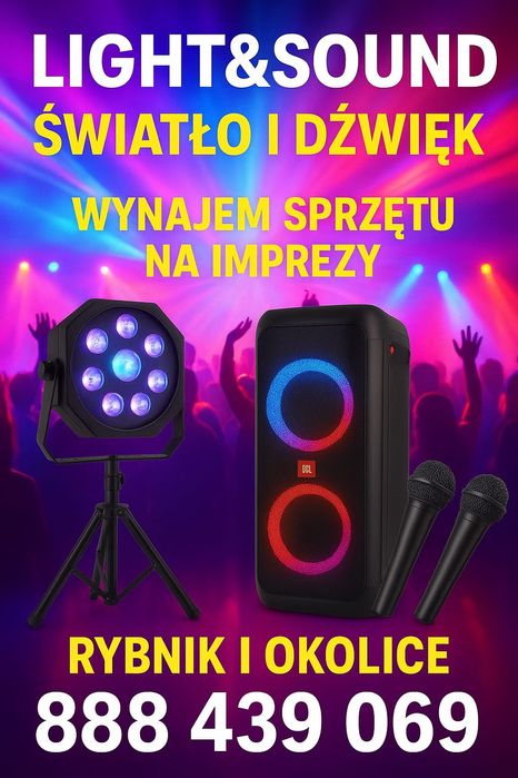 Światła, oświetlenie imprezowe, głośnik JBL, mikrofon, stacja zasil.