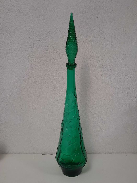 Grande garrafa de vidro verde decorado, coleccionáveis