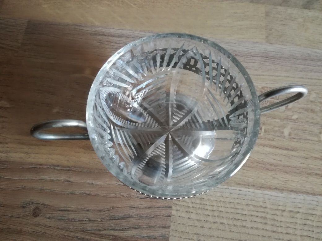 cukiernica prl szkło szlifowane metalowy koszyczek
