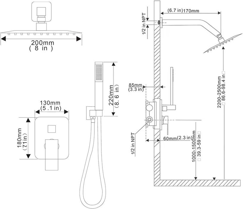 Хромована душова система з 8-дюймовою тропічною душовою лійкою