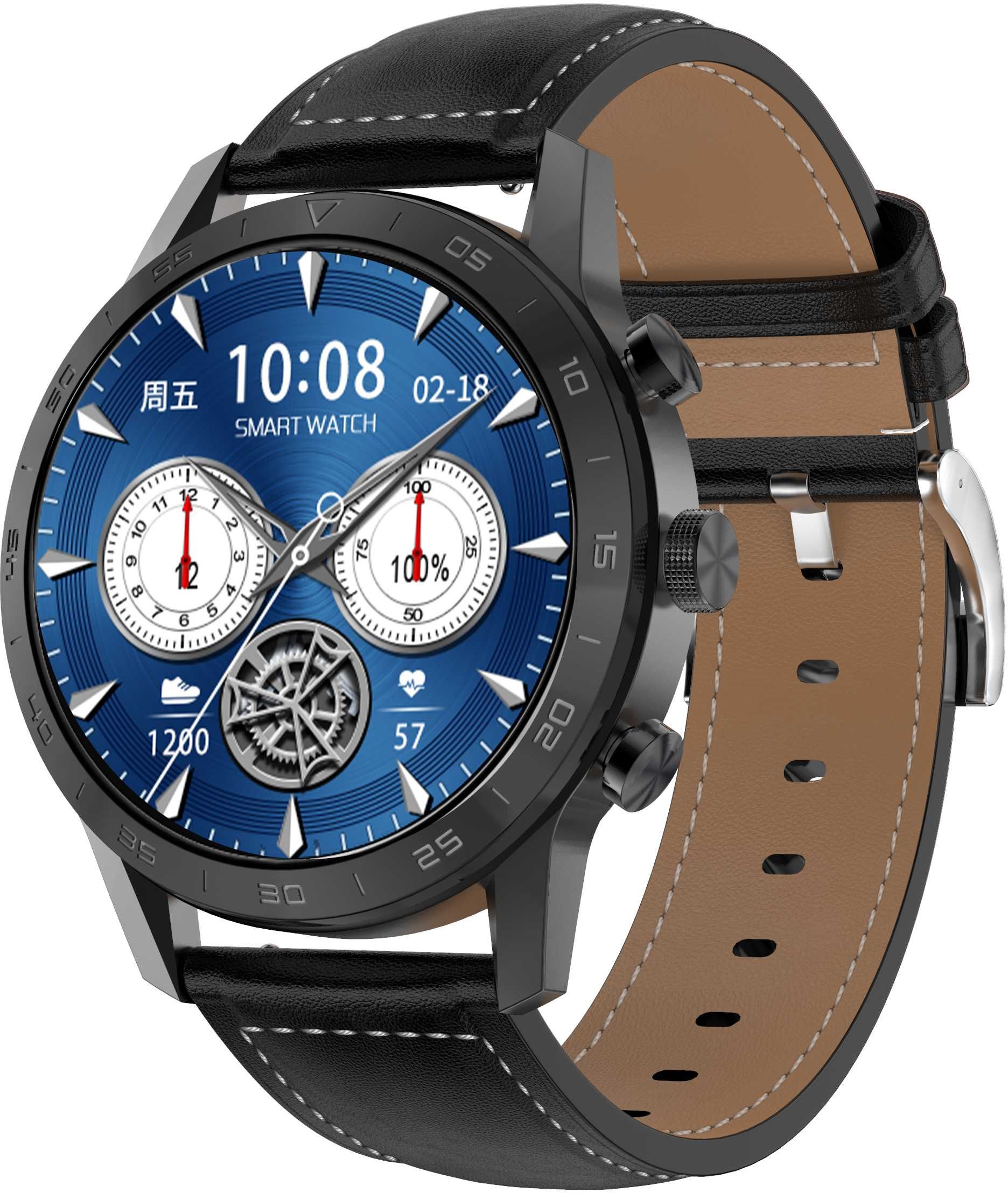 PASEK SKÓRZANY CZARNY (białe przeszycie) 22mm do smartwatcha zegarka