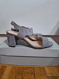 Skórzane zamszowe sandały damskie na słupku obcasie Sagan rozmiar 38