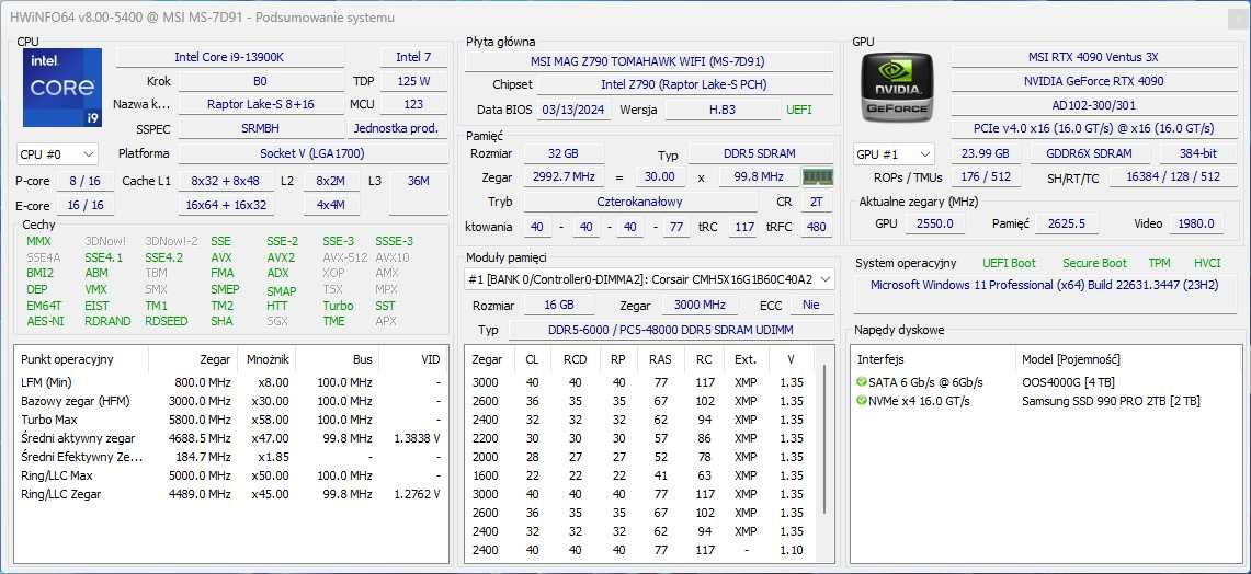 i9-13900K 32GB DDR5 SSD 2TB + HDD 4TB RTX 4090 24GB WIN11 1000W FV23%