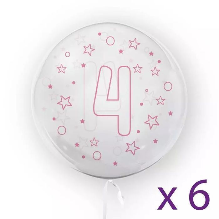 Balony z cyfrą "4" (6 sztuk), gwiazdki różowe. Tuban