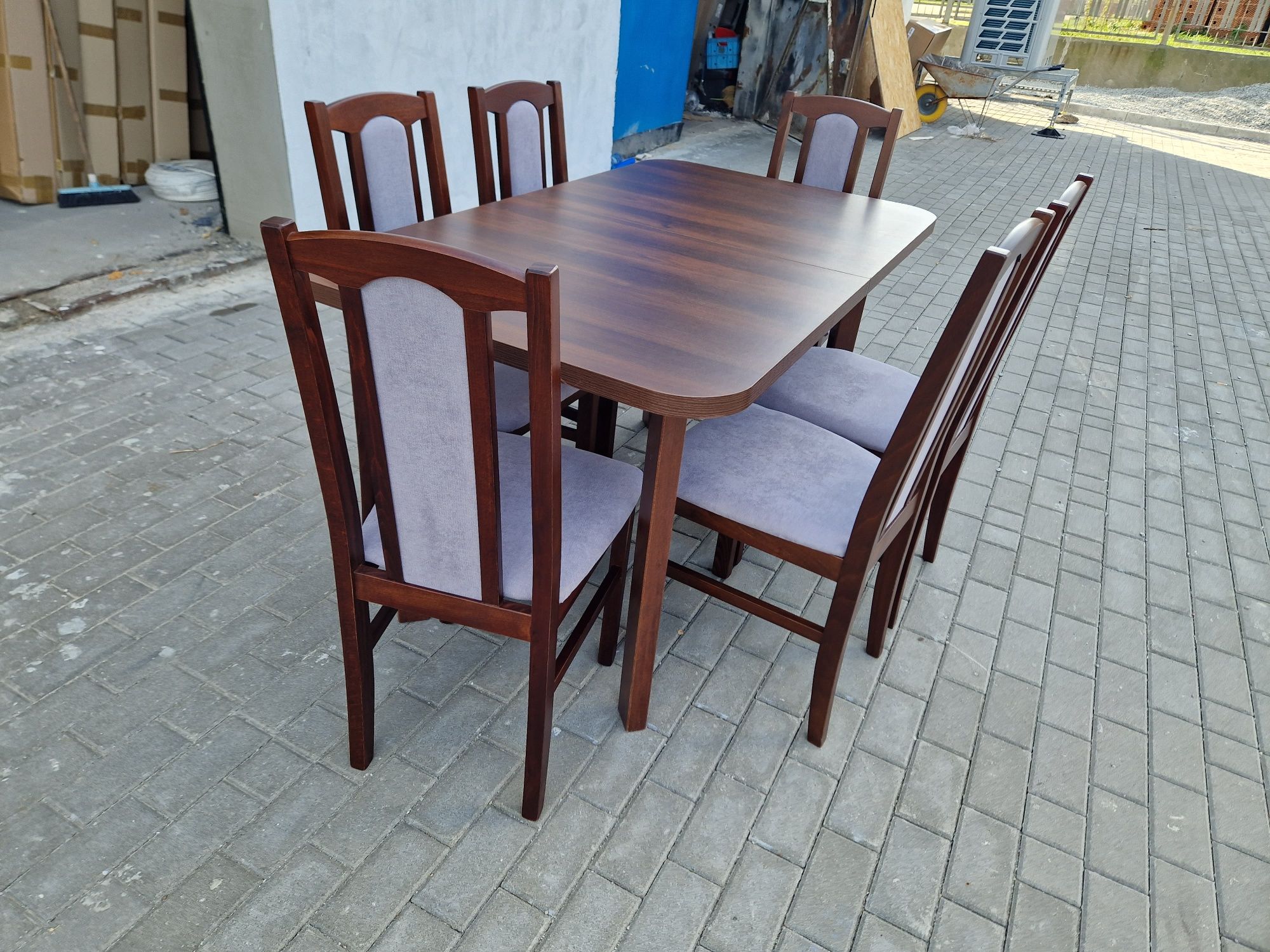 Nowe: Stół 80x140/180 + 6 krzeseł, orzech + szary, dostawa PL