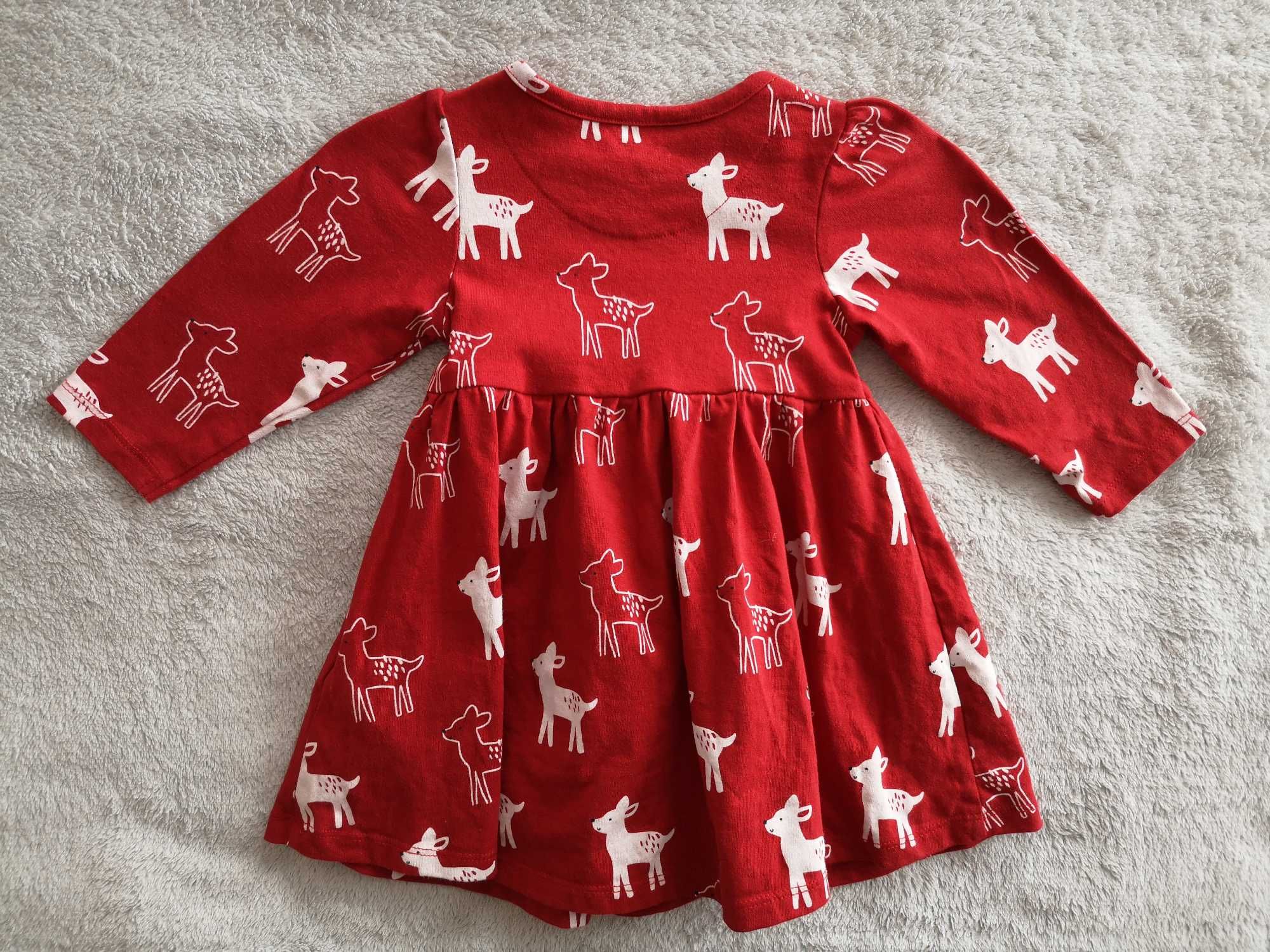 Czerwona sukienka w sarny sarenki Bambi zwierzęta M&S 68 - 74 jak nowa