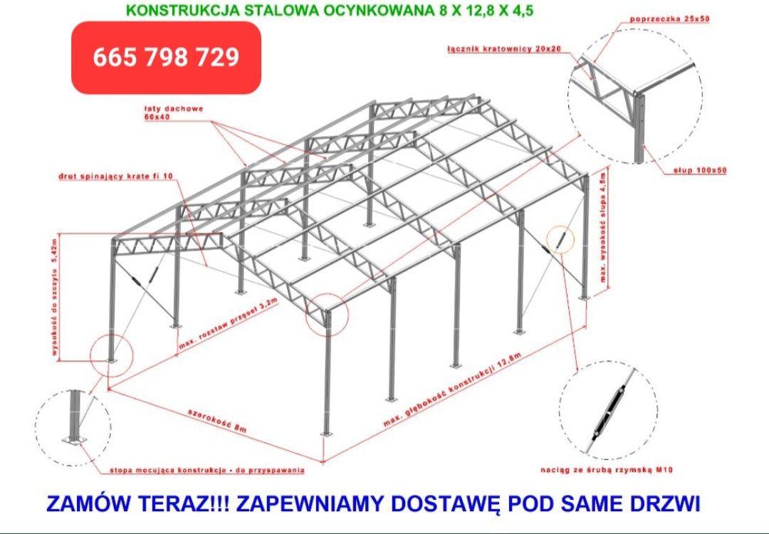 Konstrukcja 8x12.8stalowa ocynkowana magazyn hala wiata garaż warszta