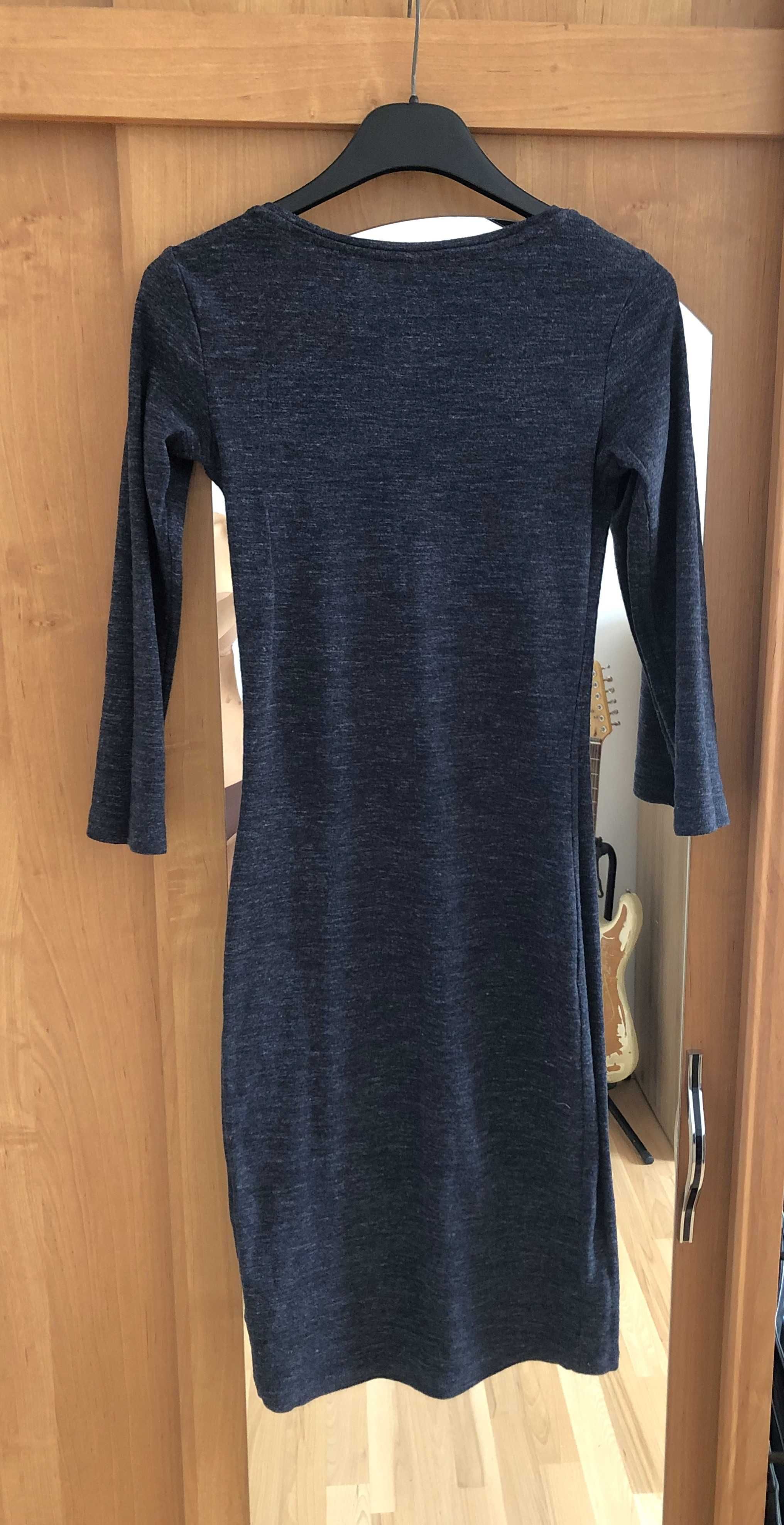 Granatowa obcisła sukienka do kolan, rękaw 3/4, bawełna, H&M