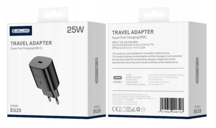 Ładowarka sieciowa USB-C 25W PD czarna JELLICO EU25 Quick Charge 3.0