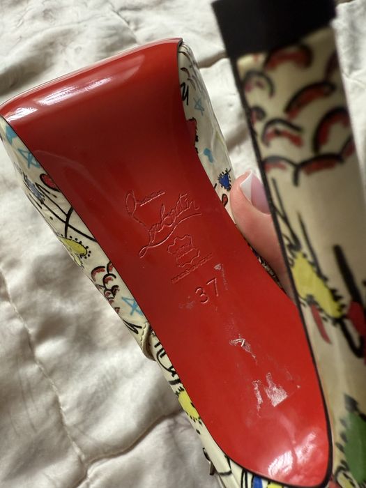 Christian Louboutin peep toe ankle strap graffiti