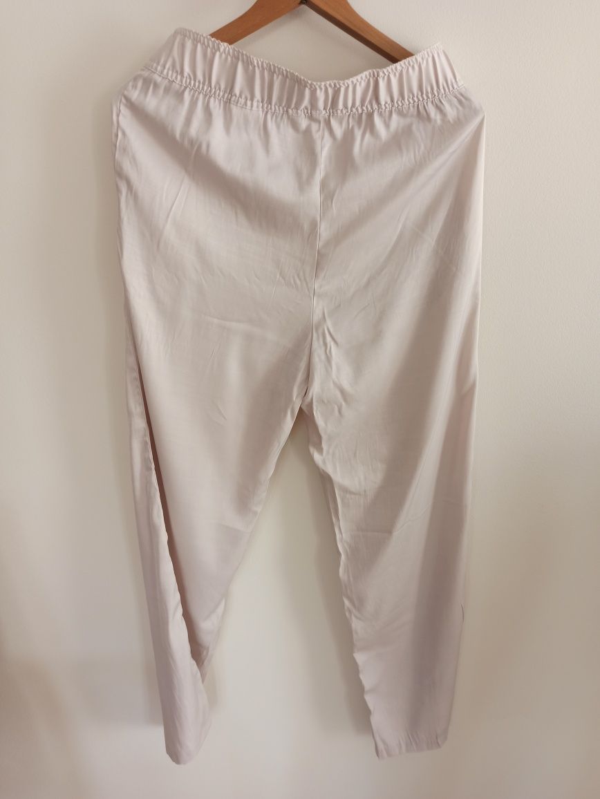 Beżowe satynowe spodnie z wiskozy na gumce H&M S/36 M/38  wygodne luźn