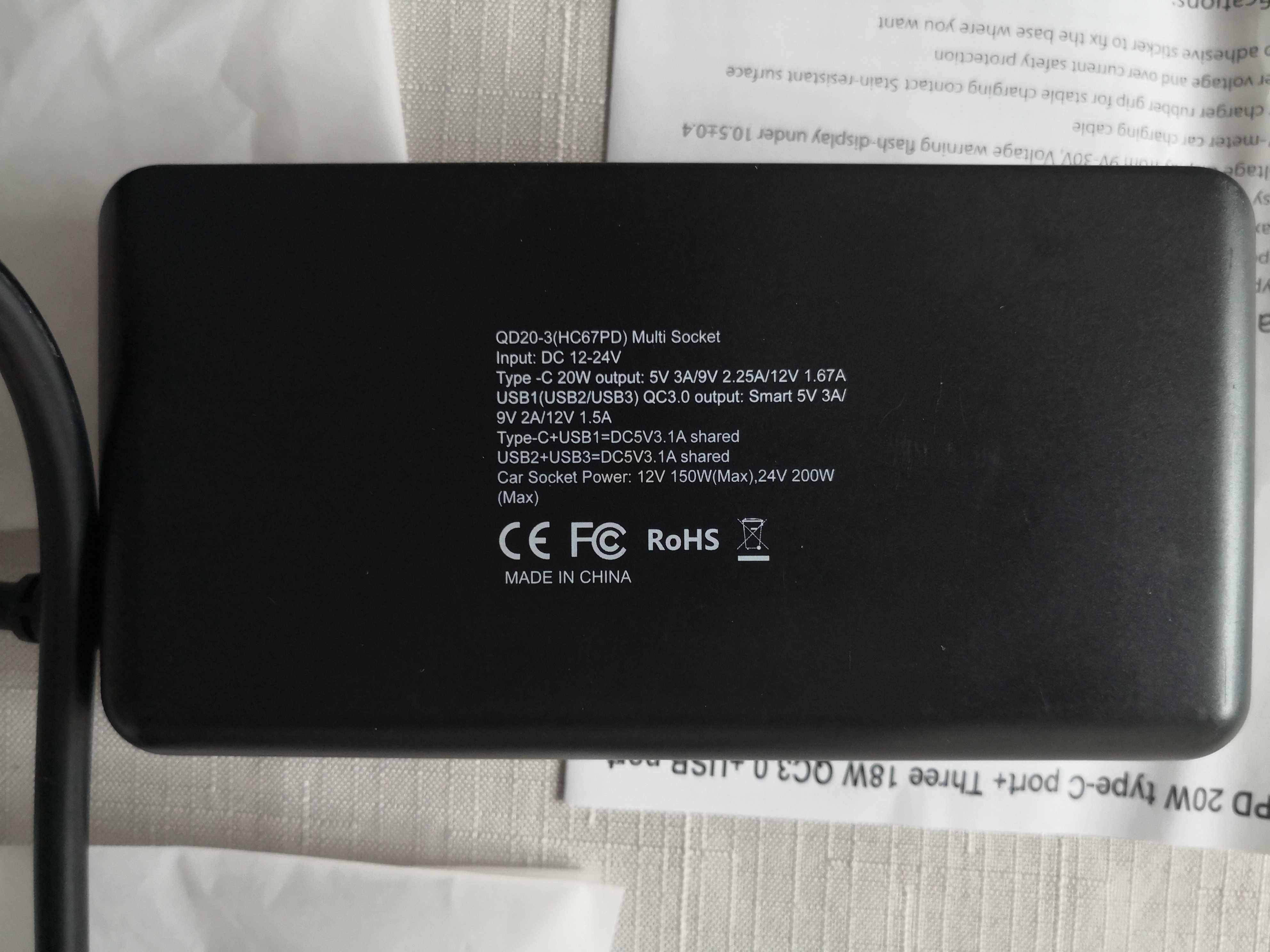 Rozdzielacz ładowarka gniazda zapalniczki 3x USB AQC 3.0 1xUSB C