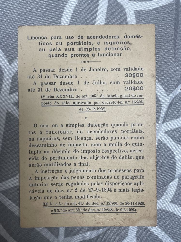 Licença anual para uso de acendedores de isqueiros 1942