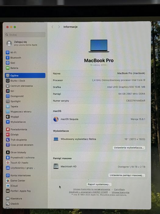 Apple MacBook Pro 16’ 2019r. 2TB dysk, 64GB RAM, i9 2.4 GHz, OKAZJA!