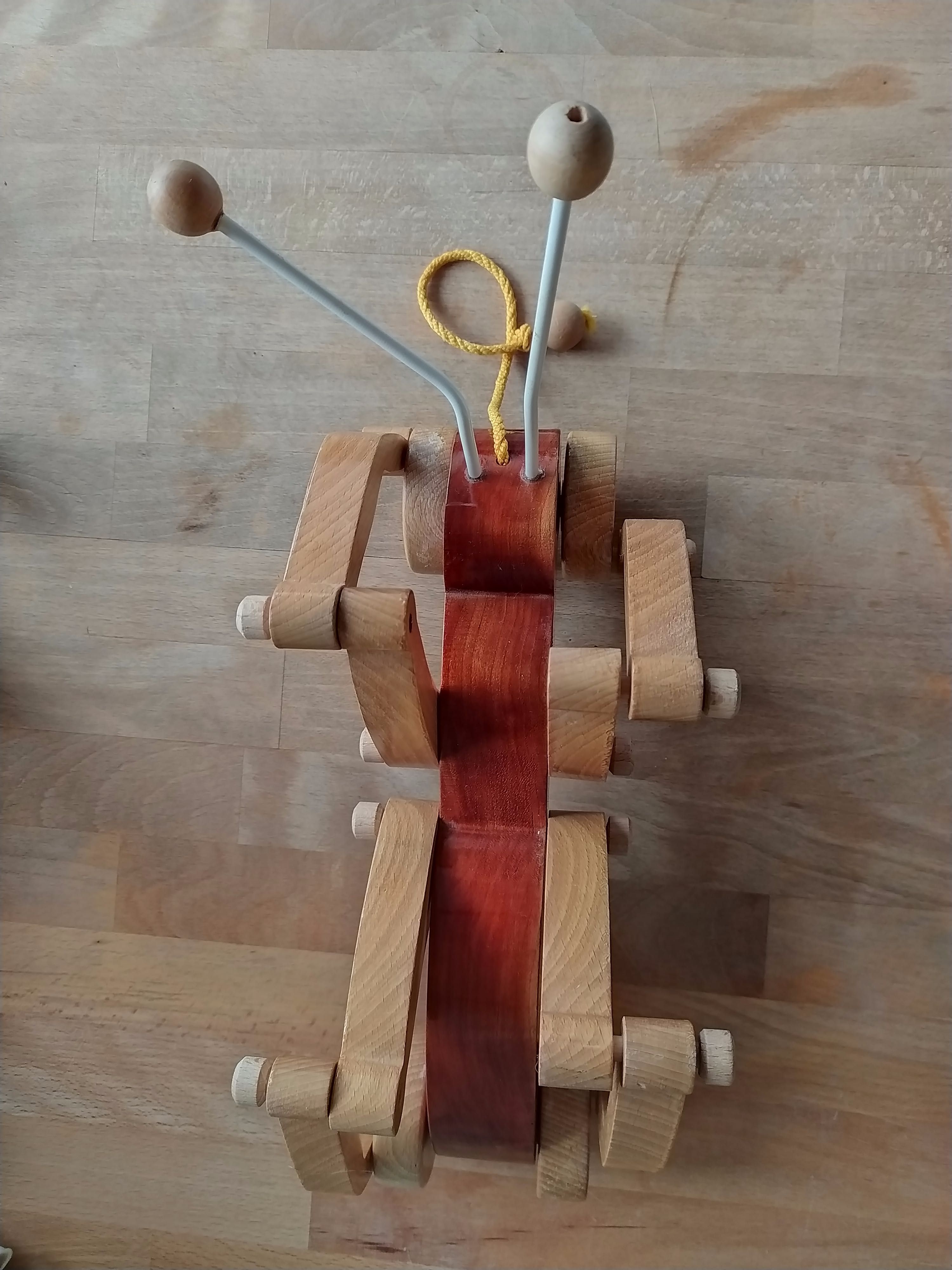 Drewniana zabawka na kółkach, mrówka, konik polny, świerszcz