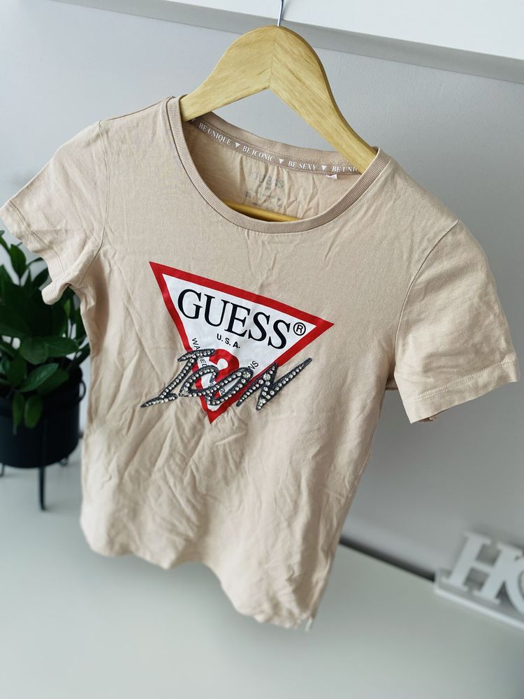 Koszulka damska Guess beżowa nadruk tshirt bluzka