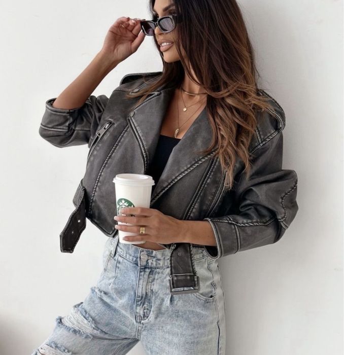 Piękna S/M/L kurtka skórzana damska skóra nowa ramoneska nowa