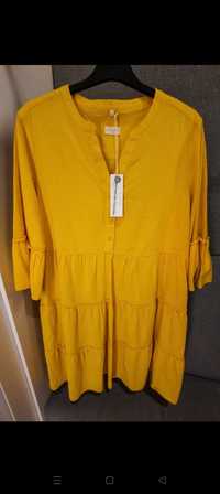 Żółta sukienka bawełniana lniana midi Milano z krótkim rękawem 44 XXL