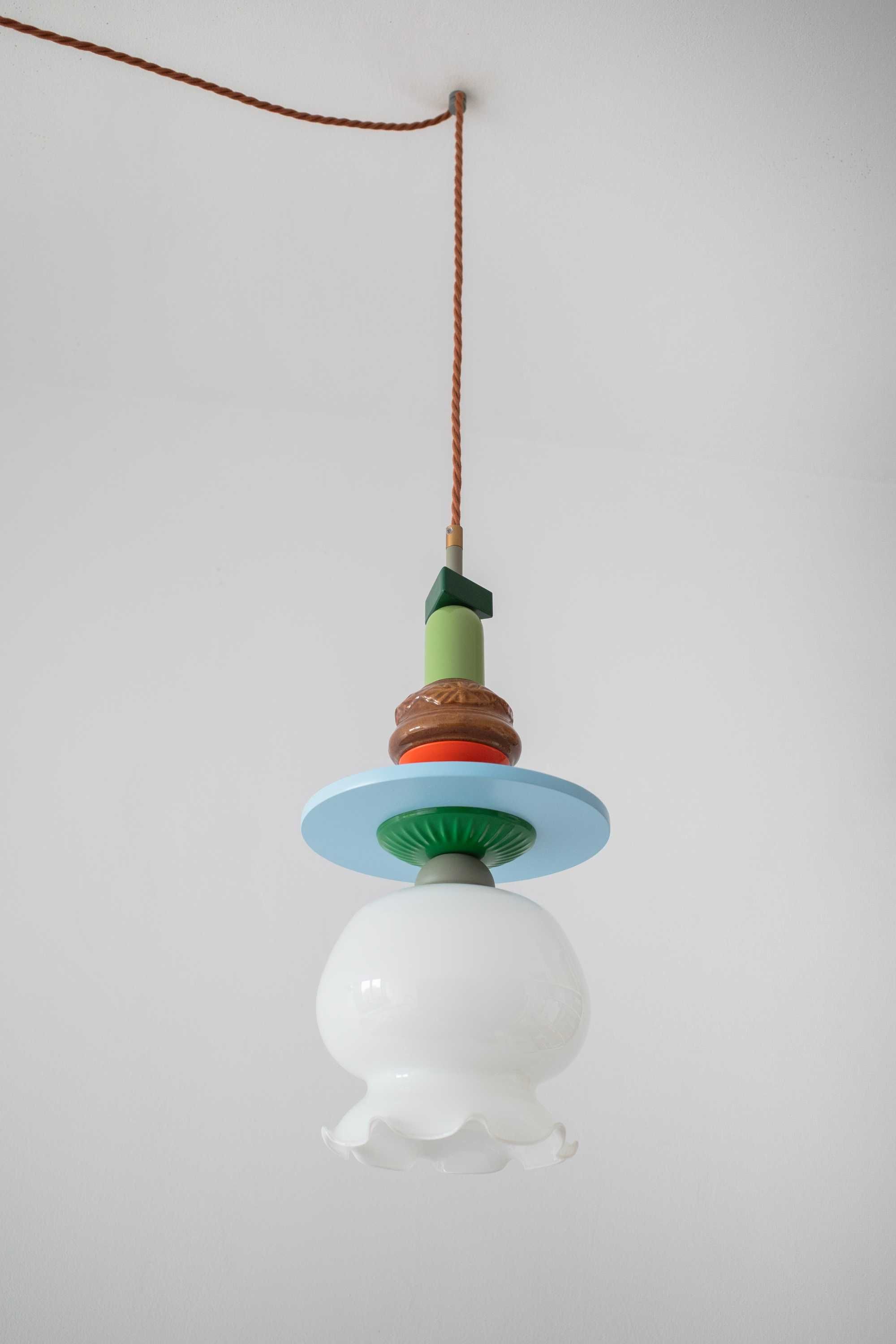 Lampa wisząca totem, vintage szklany klosz, handmade reuse