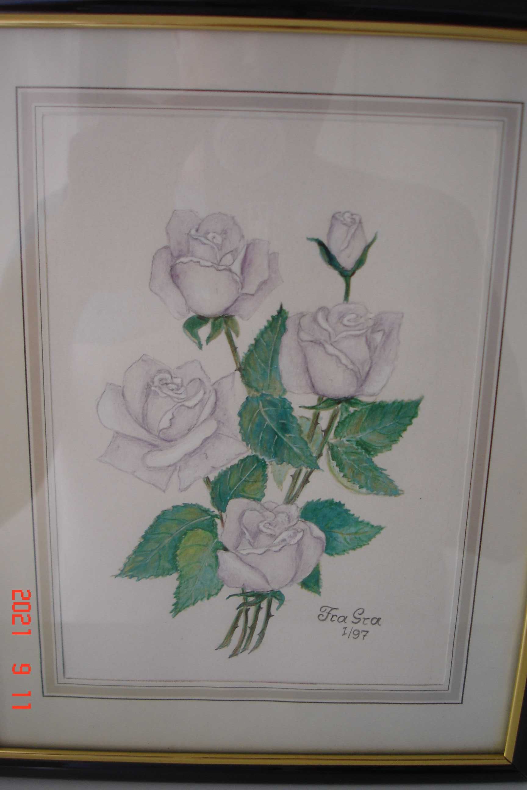 Obrazek ręcznie malowany Róże 25,5cmx20cm za szkłem sygnowany