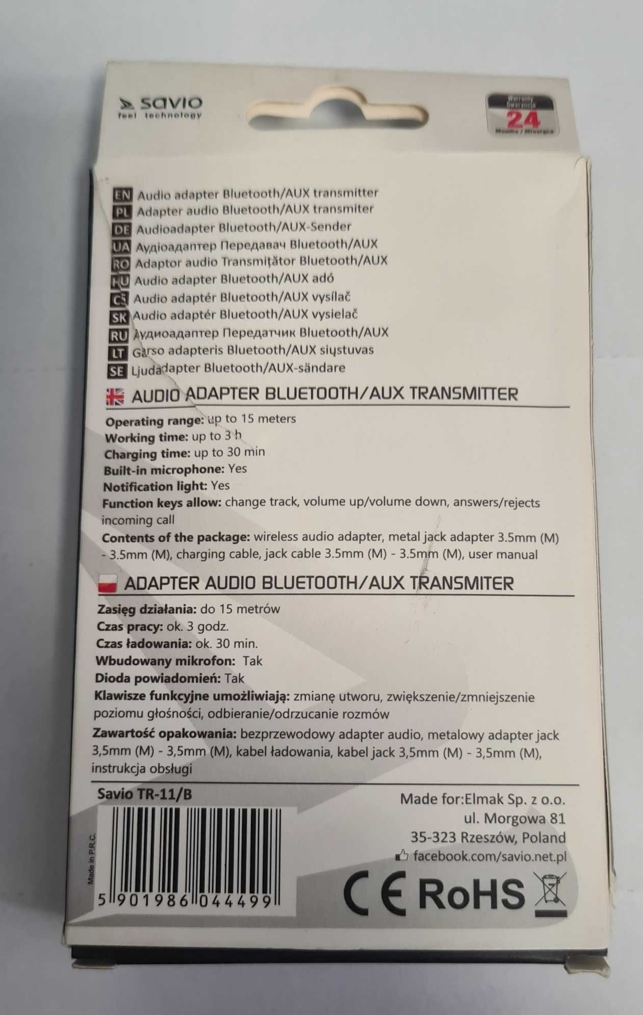 Bezprzewodowy adapter audio / bluetooth SAVIO TR-11/B