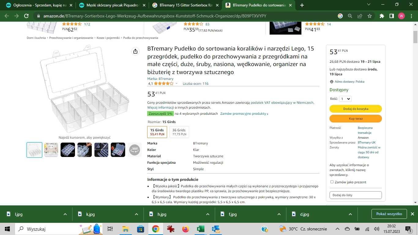 Pudełko do sortowania koralików i narzędzi Lego, 15 przegródek