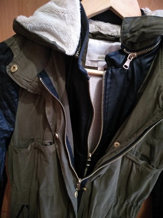 Парка куртка с капюшоном с мехом кожаными вставками ZEBRA размер С