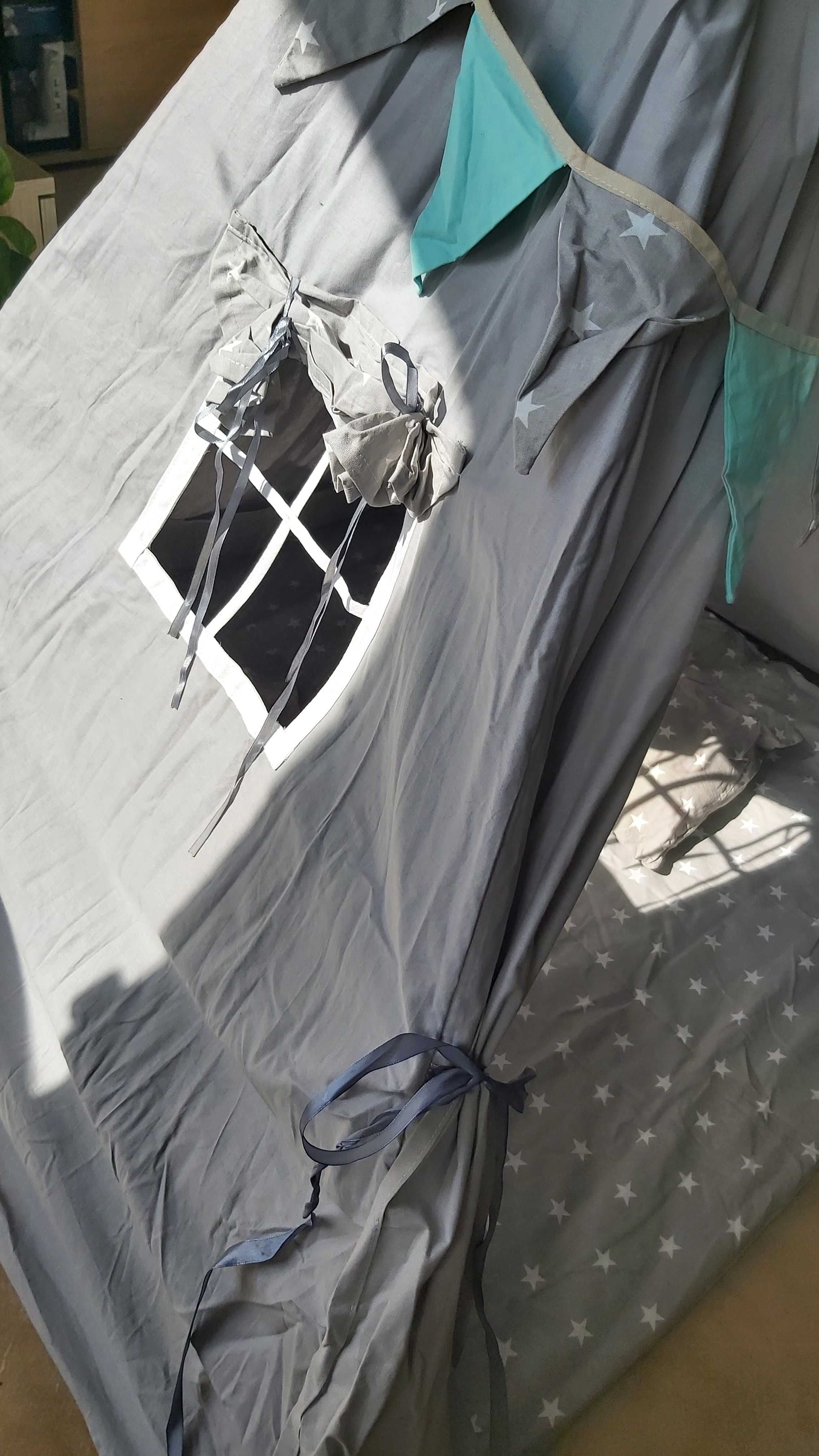 Namiot TIPI, wigwam dla dzieci, piękny szary z okienkiem i poduszkami