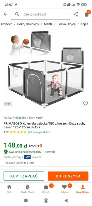 PRIMABOBO Kojec dla dziecka TEO z koszem Duży suchy basen 126x126cm