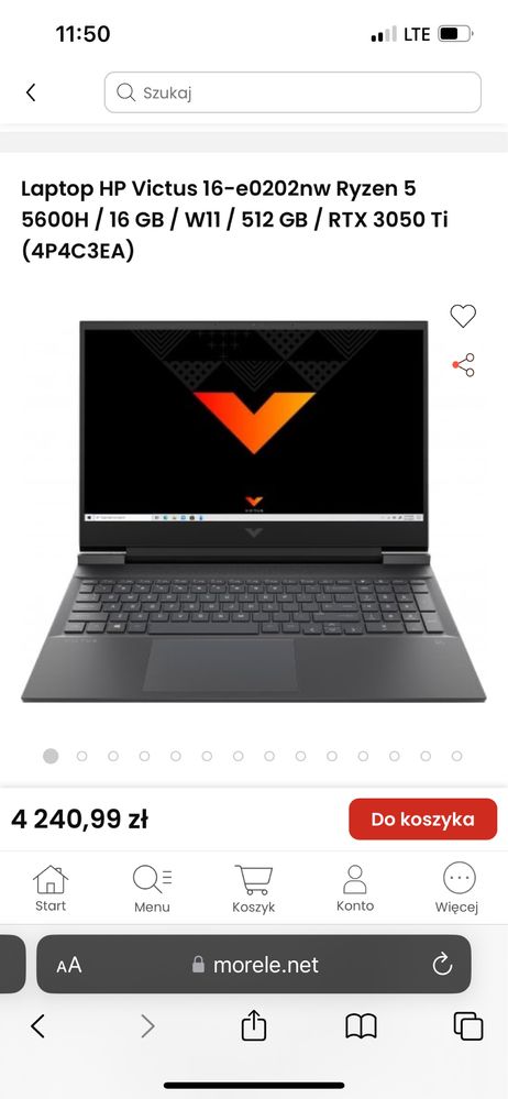 Laptop Victus by HP 16-e0202nw RTX3050 ti/16GB RAM/144hz/AMD Ryzen 5