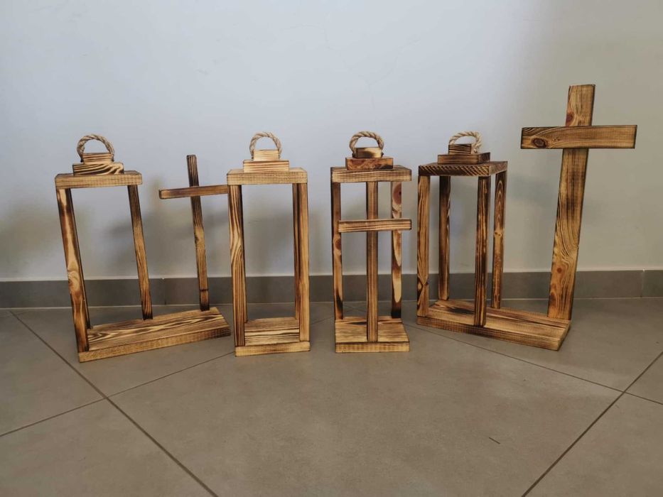 Lampion drewniany z dużym Krzyżem 40cm Baza pod stroik Dekoracja