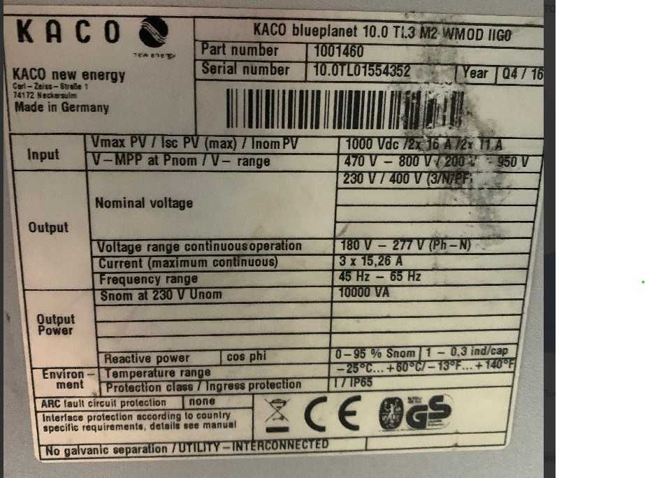Сетевой Инвертор 10кВт KACO blueplanet 10.0 TL3 M2 WMOD, 3 фази