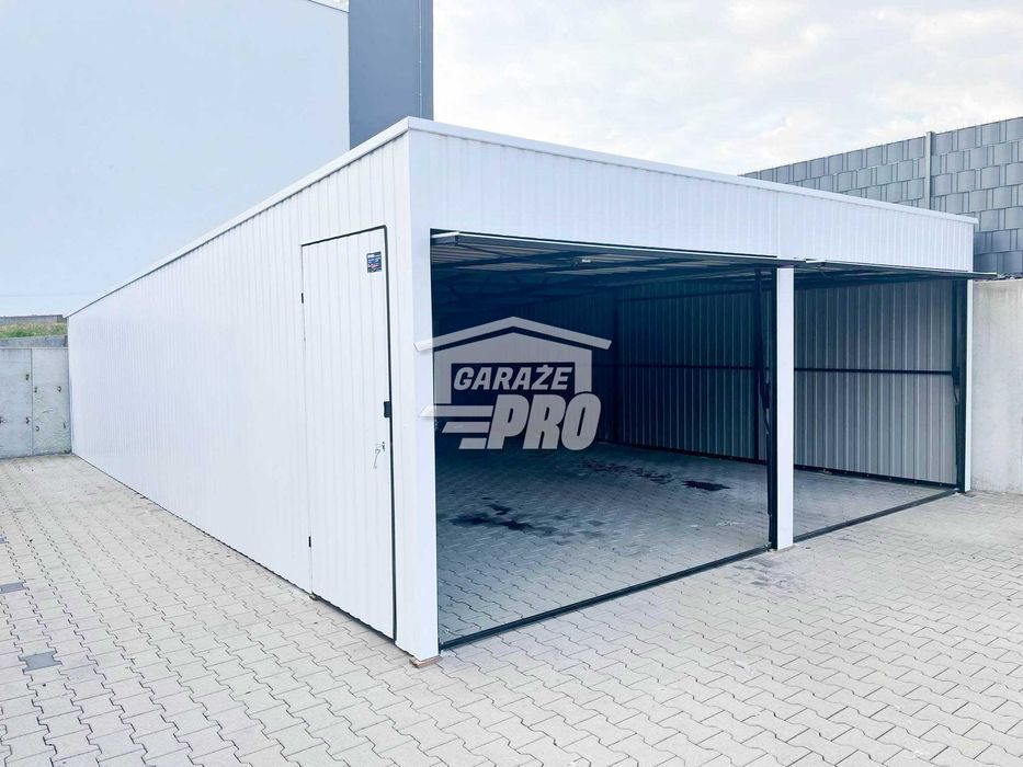 Garaż blaszany 6x7 Brama uchylna x2 + drzwi biały spad w tył GP140