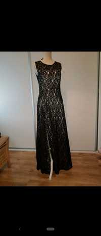 Długa suknia 40 czarna koronka 42 złota maxi wizytowa balowa naga