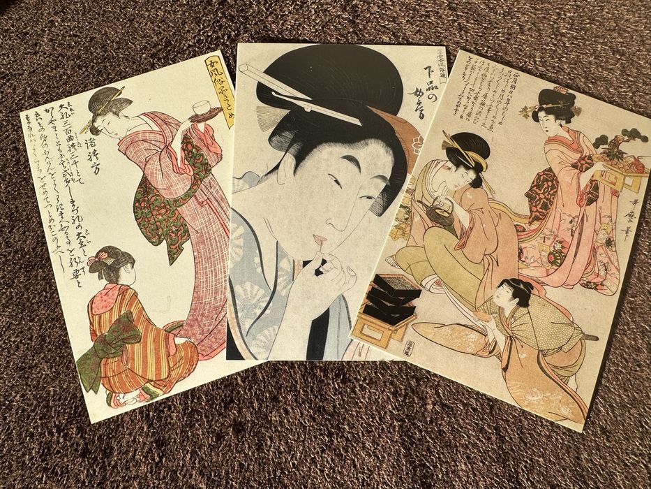 3 pocztówki z drzeworytami Utamaro. Nowe