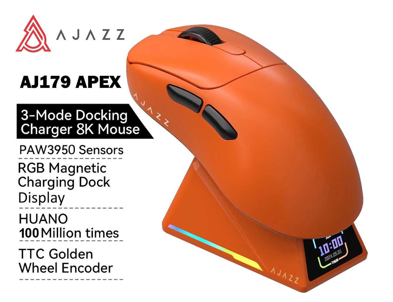 Миша AJAZZ AJ179 APEX Orange док-станція з екраном PAW3950 DPI 42K