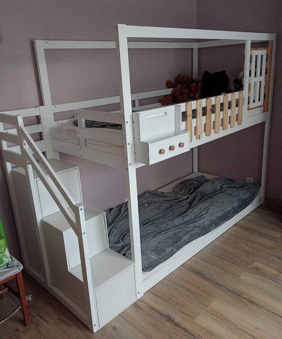 Łóżko piętrowe drewniane, białe, pod materace 90x200 cm