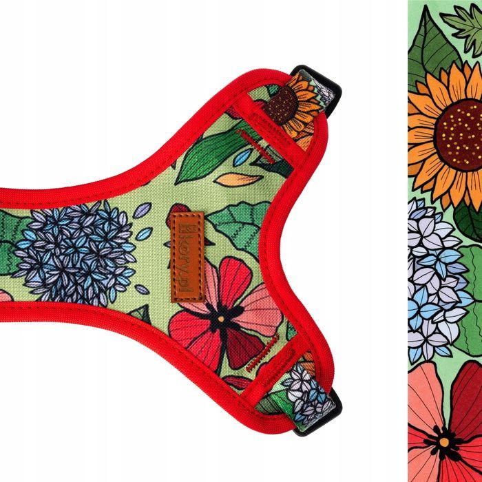 bezuciskowe szelki na spacery dla małej kotki regulowane w kwiatki