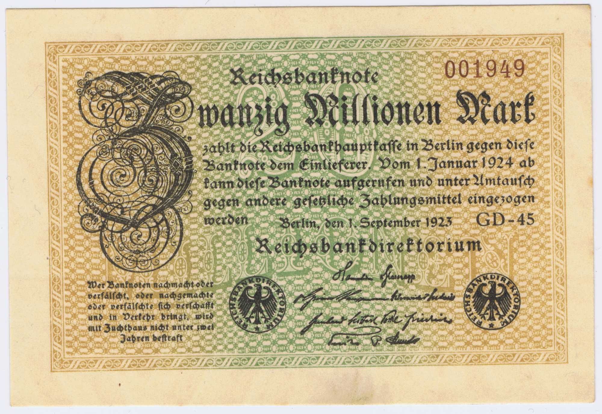 Banknot 20 milionów marek 1.09.1923 Niemcy