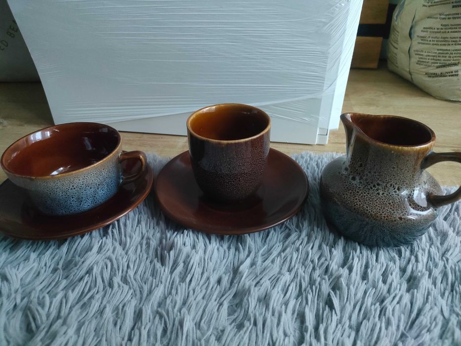 Mirostowice ceramika Agat, PRL filiżanka , mlecznik czarka , talerzyki