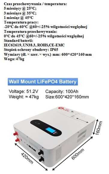 Bateria słoneczna Lifepo4
- Uchwyt ścienny 51,2 V 100 Ah
