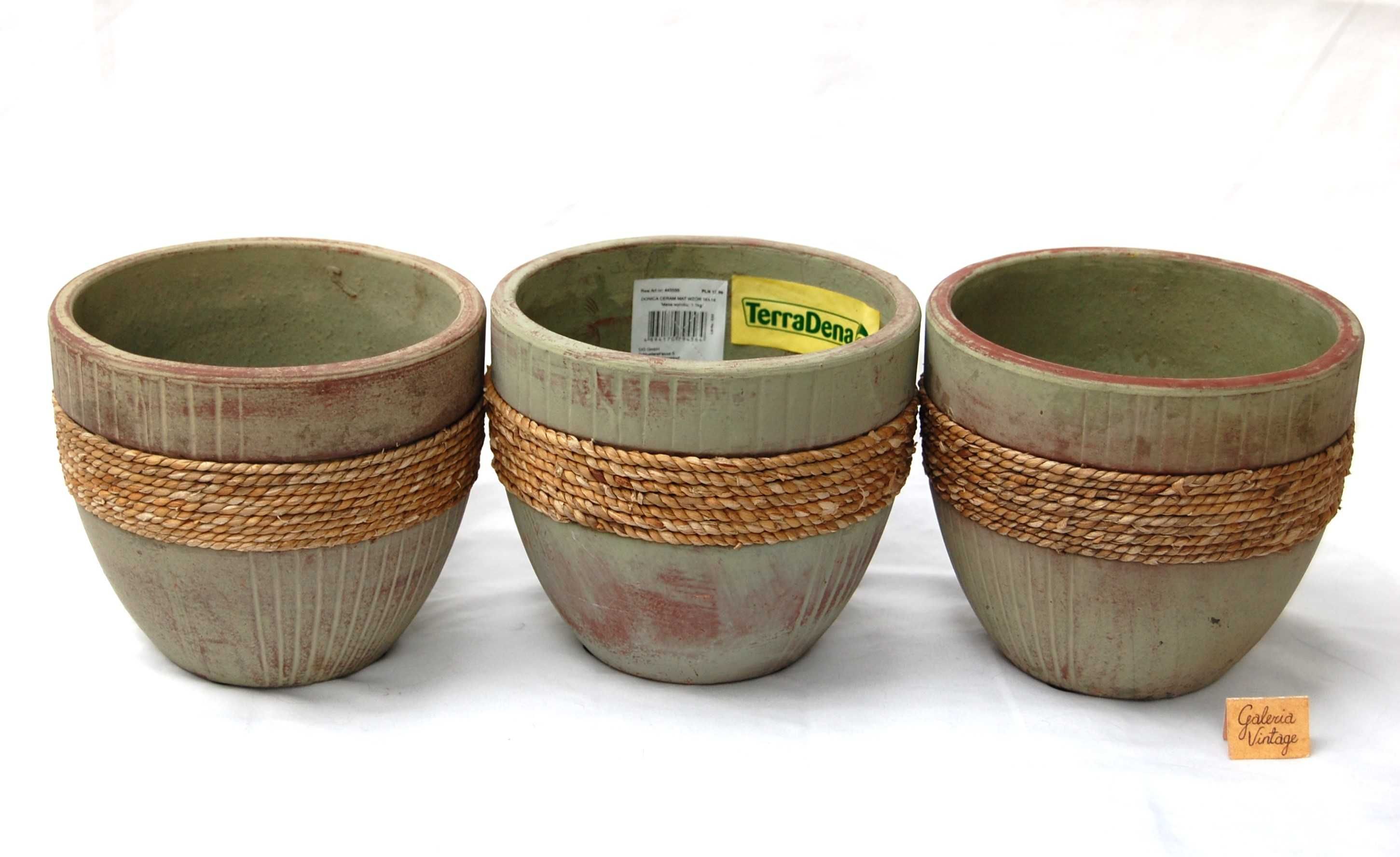 Doniczka ceramiczna rustykalna osłonka zielona ceramika sznurek 3 szt.